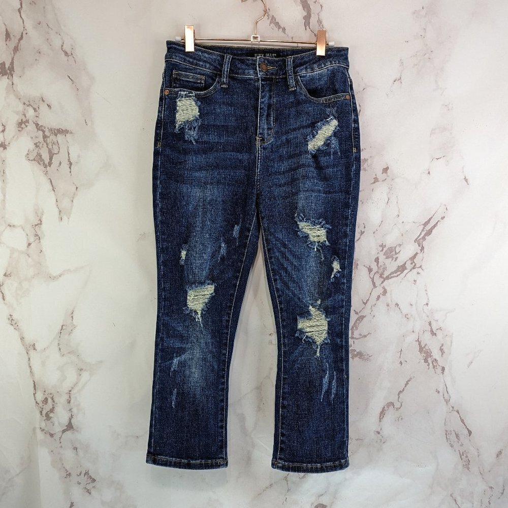Judy Blue Jean Women 26 3 Capri Crop Kick  Flare Denim Distressed Hole High Rise